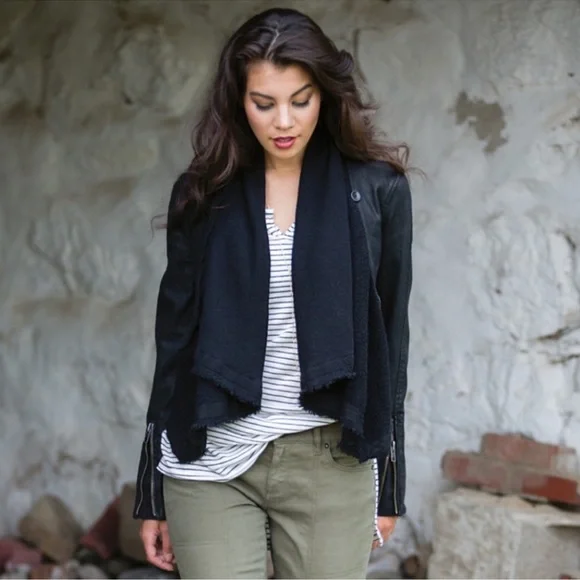 Free People Coated Denim Drape Front Moto Jacket Black Waterfall Collar XS 0 - Picture 9 of 14